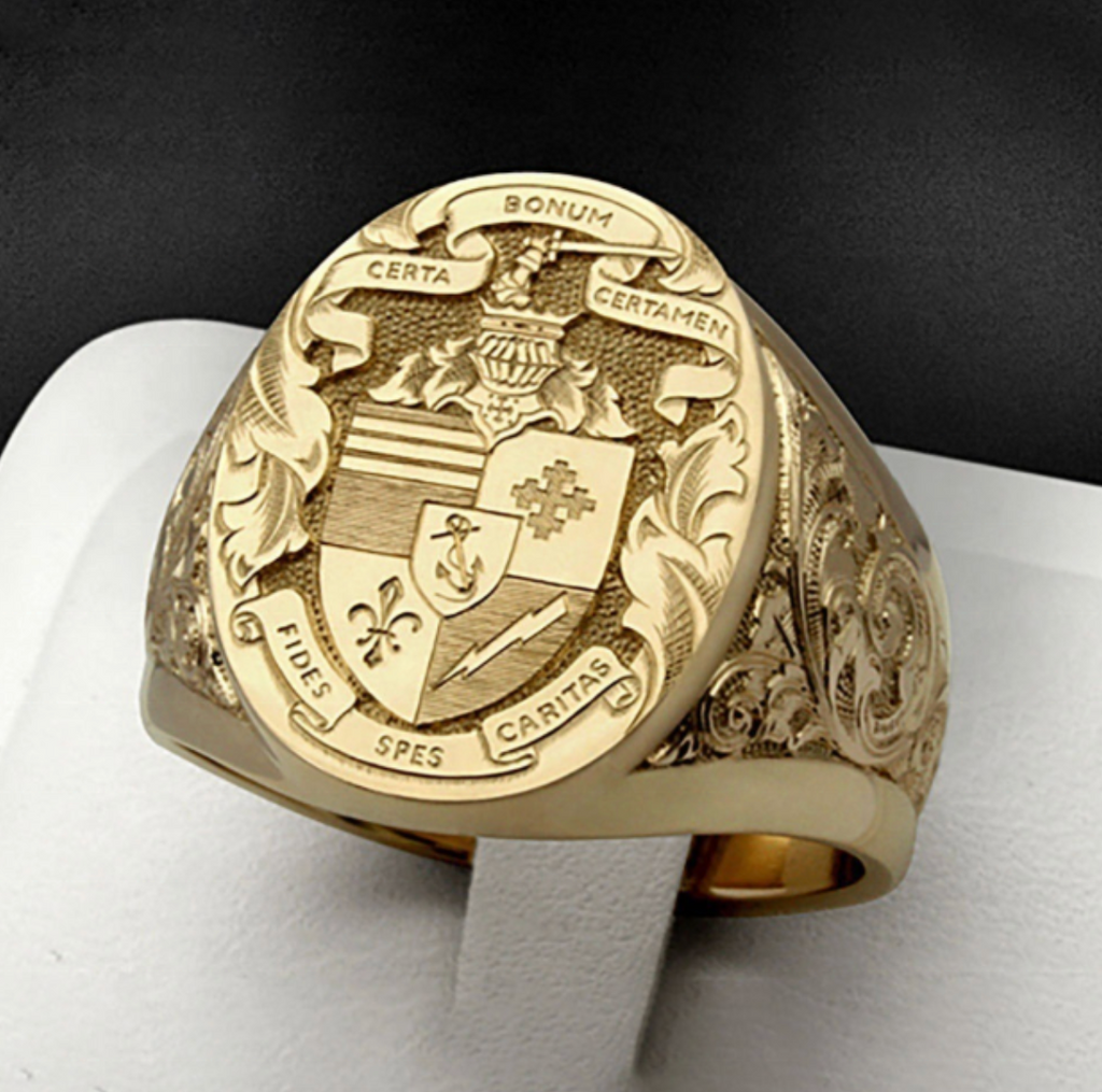 18K Gold Lion Shield Ring – Royal Seal Men's Statement Ring with Crown Emblem