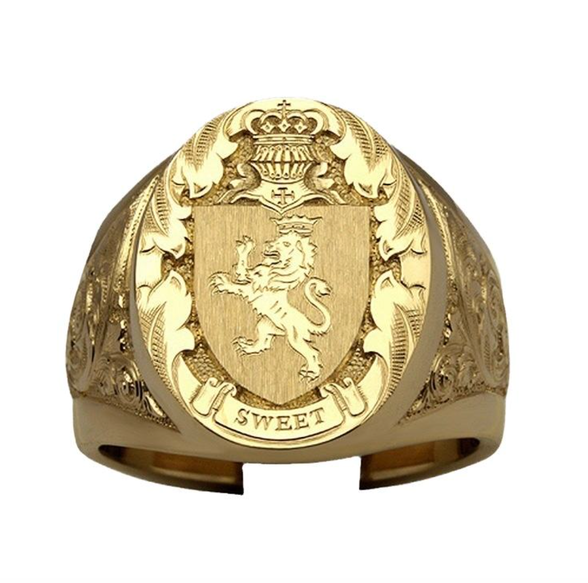 18K Gold Lion Shield Ring – Royal Seal Men's Statement Ring with Crown Emblem