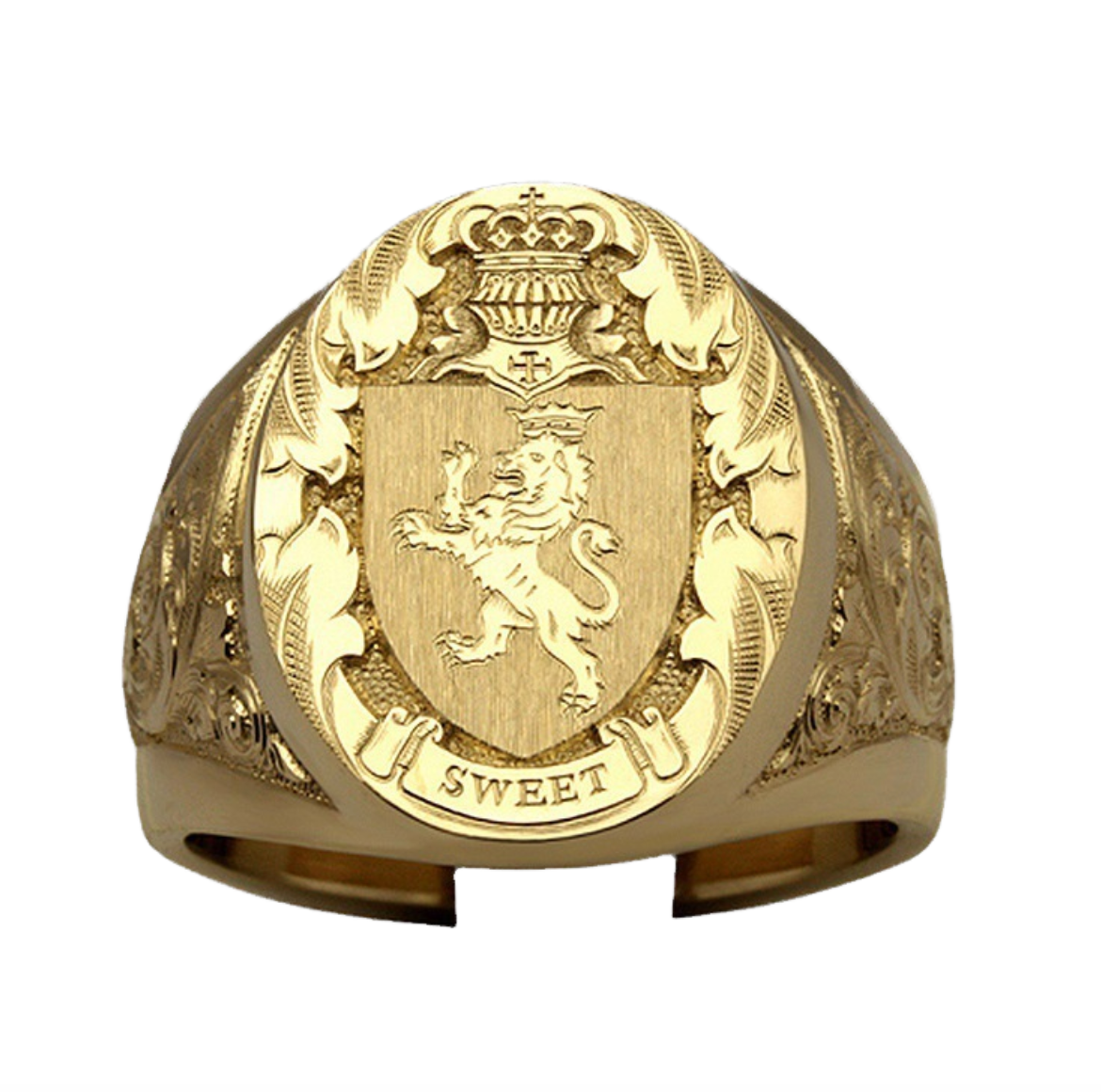 18K Gold Lion Shield Ring – Royal Seal Men's Statement Ring with Crown Emblem