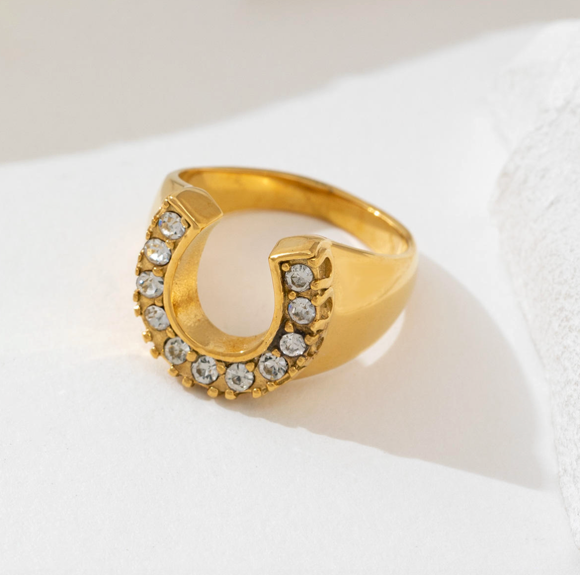 18K Gold-Plated Horseshoe Ring – Trendy Boho Luxury Natural Diamond-Inspired Jewelry