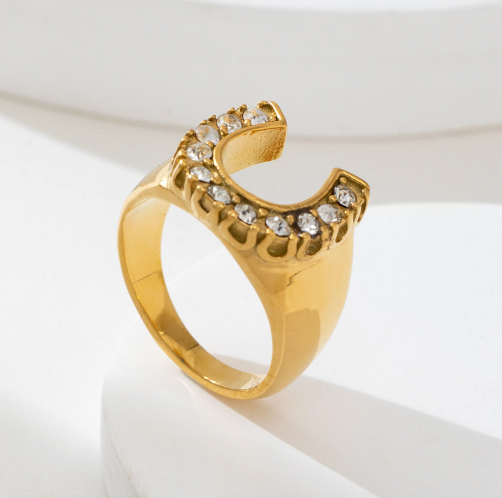 18K Gold-Plated Horseshoe Ring – Trendy Boho Luxury Natural Diamond-Inspired Jewelry