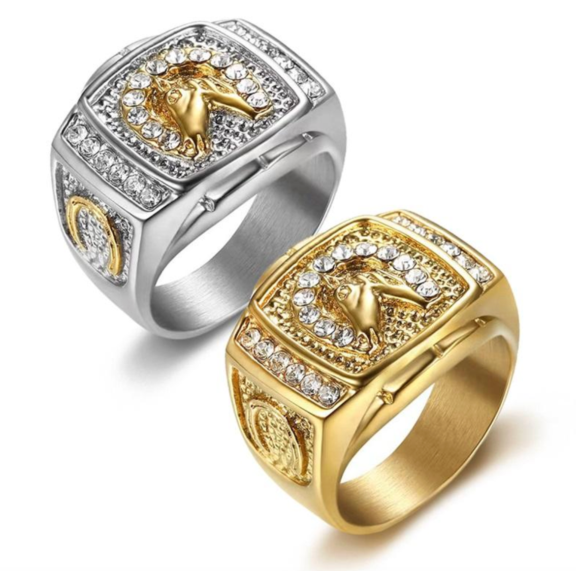 18K Gold-Plated Horse Head Ring – Stainless Steel Iced-Out Zircon Hip-Hop Statement Ring for Men
