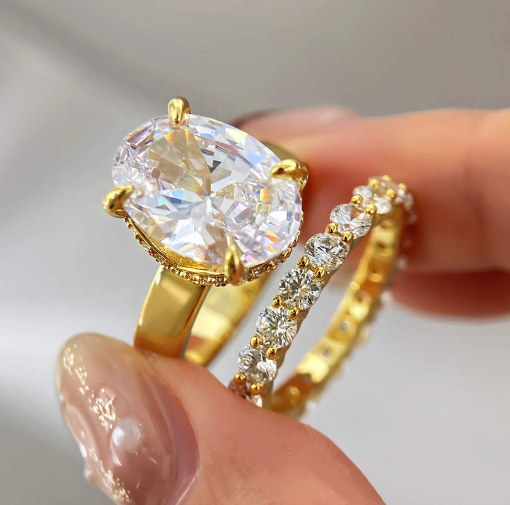 Luxury 18K Gold-Plated Oval Zircon Stack Ring for Women