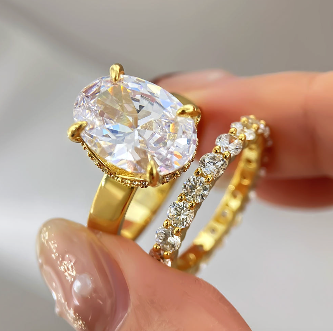Luxury 18K Gold-Plated Oval Zircon Stack Ring for Women