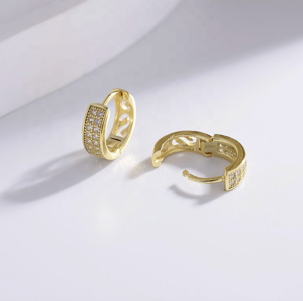 14K Gold-Plated 925 Sterling Silver Double-Row Zircon Hoop Earrings