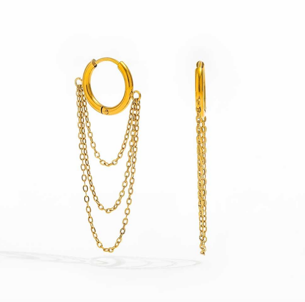 18K Gold-Plated Three-Layer Chain Tassel Huggie Earrings