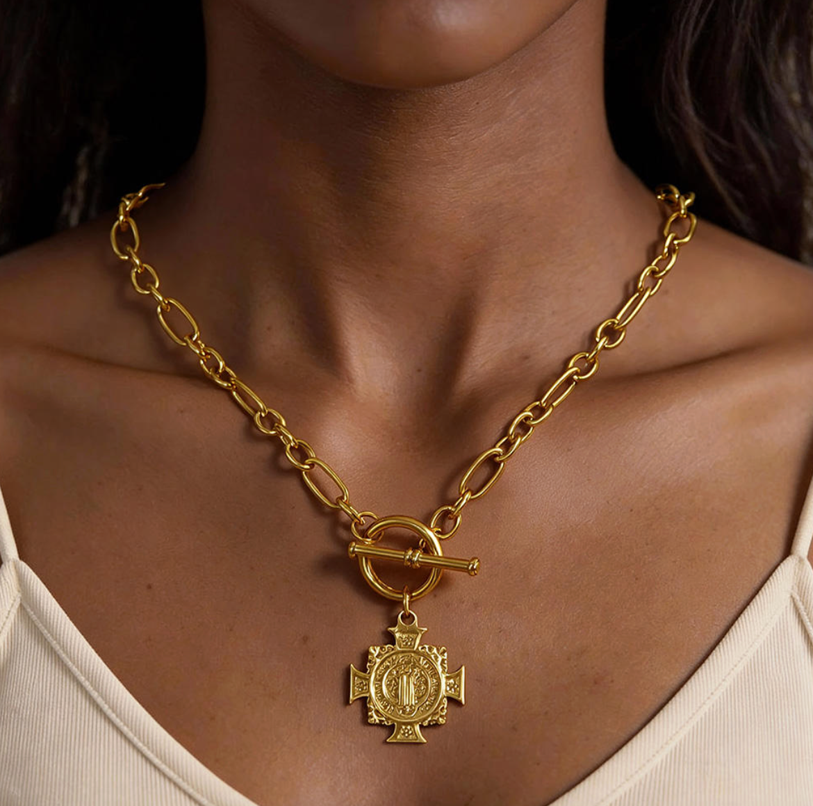 Tarnish-Free 18K Gold-Plated Stainless Steel Cross Pendant Choker