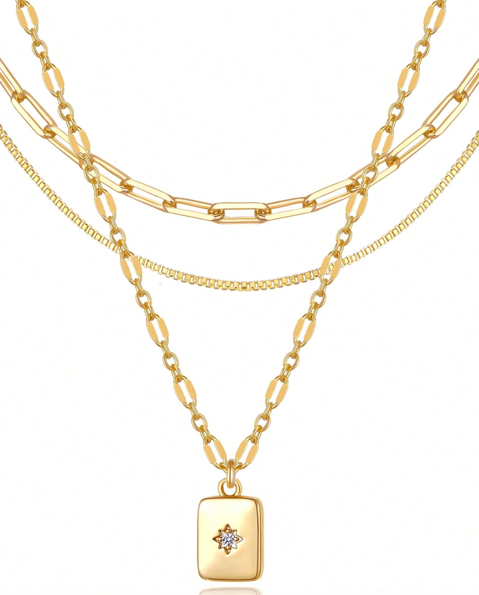 Women's Gold Plated Brass Layered Choker Necklace with Zircon Pendant Square Geometric Link Chain Trendy Style Fashion Jewelry