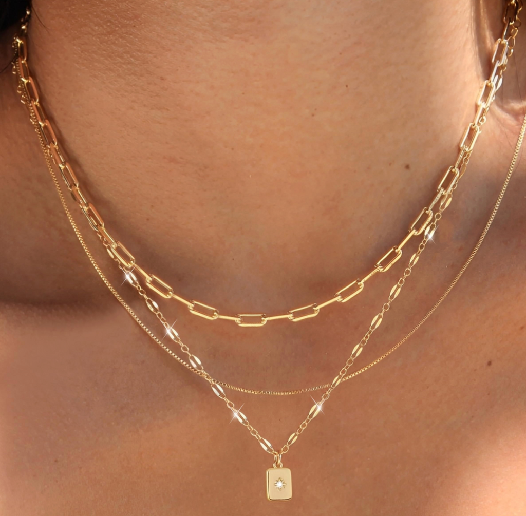 Women's Gold Plated Brass Layered Choker Necklace with Zircon Pendant Square Geometric Link Chain Trendy Style Fashion Jewelry
