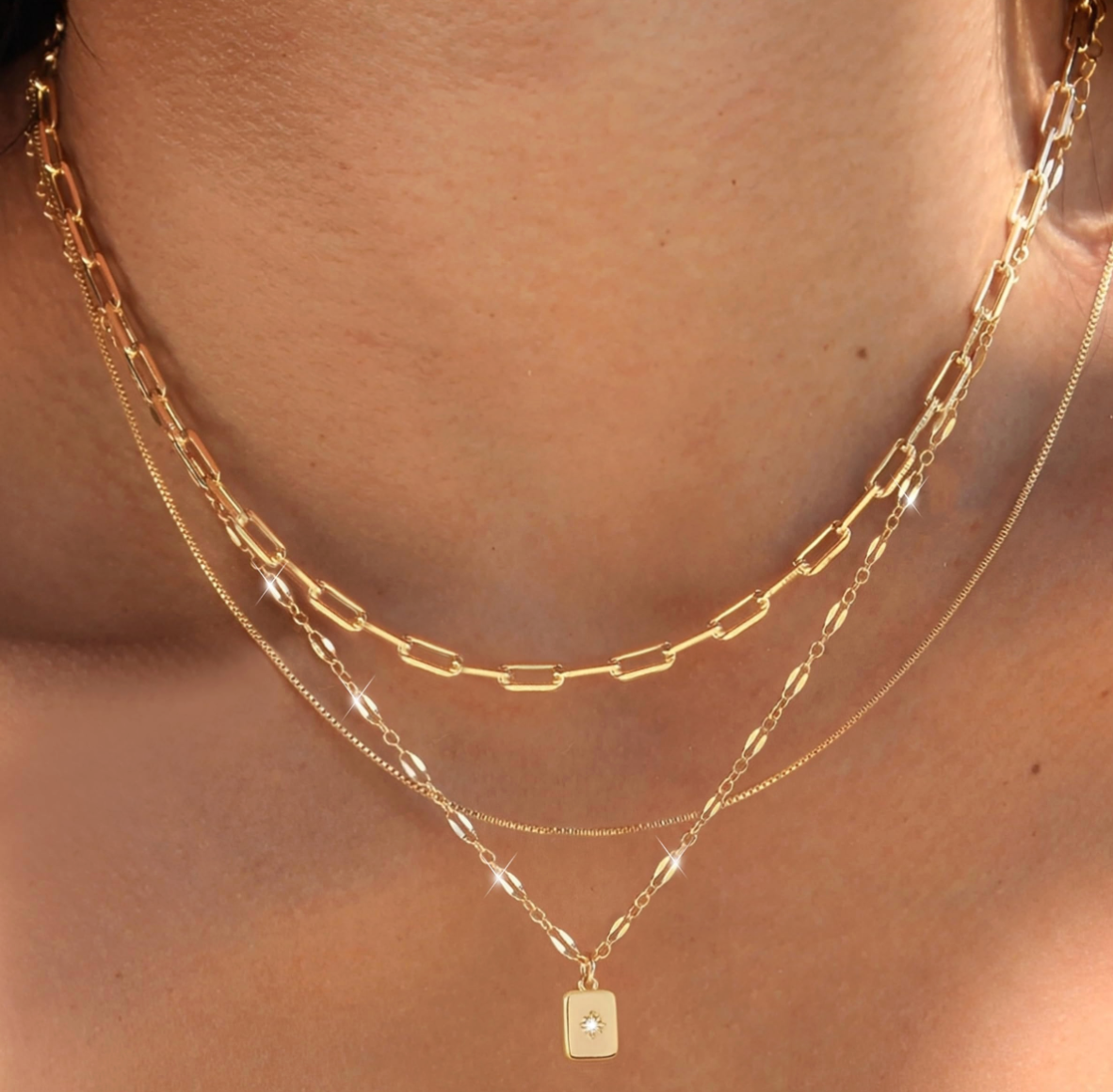 Women's Gold Plated Brass Layered Choker Necklace with Zircon Pendant Square Geometric Link Chain Trendy Style Fashion Jewelry