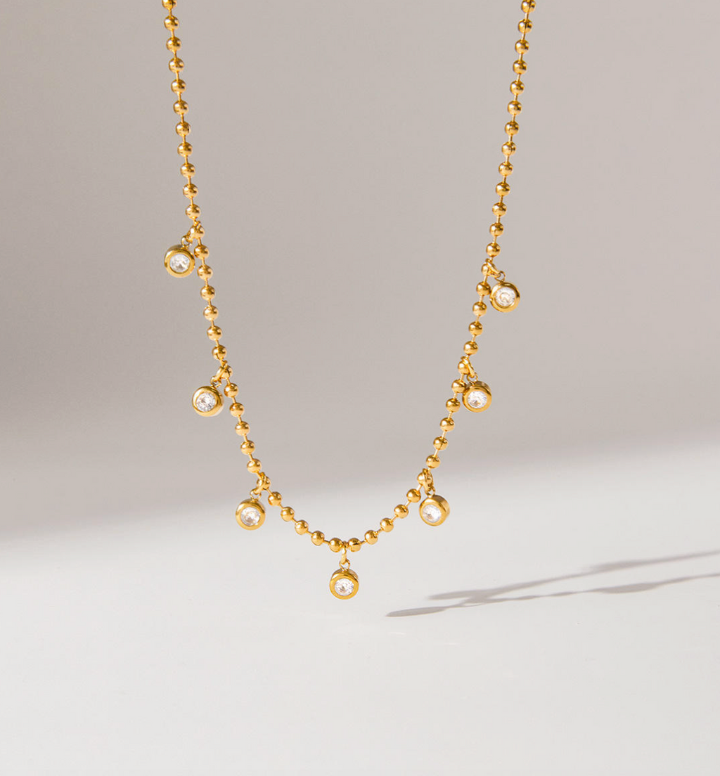 18K Gold-Plated Boho Zircon Beaded Dangle Necklace
