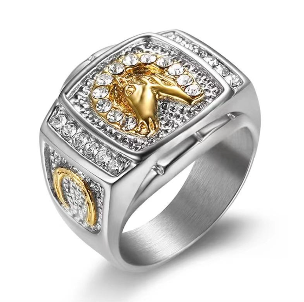 18K Gold-Plated Horse Head Ring – Stainless Steel Iced-Out Zircon Hip-Hop Statement Ring for Men