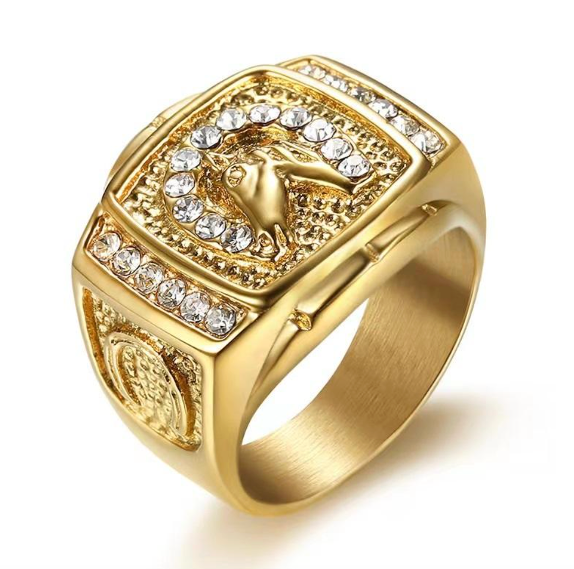 18K Gold-Plated Horse Head Ring – Stainless Steel Iced-Out Zircon Hip-Hop Statement Ring for Men