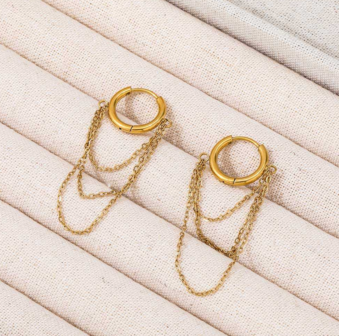 18K Gold-Plated Three-Layer Chain Tassel Huggie Earrings