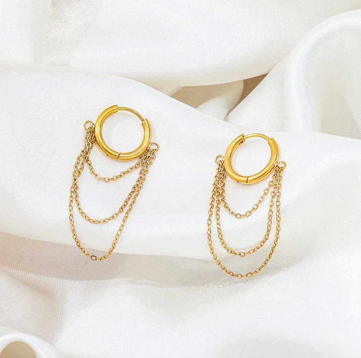 18K Gold-Plated Three-Layer Chain Tassel Huggie Earrings